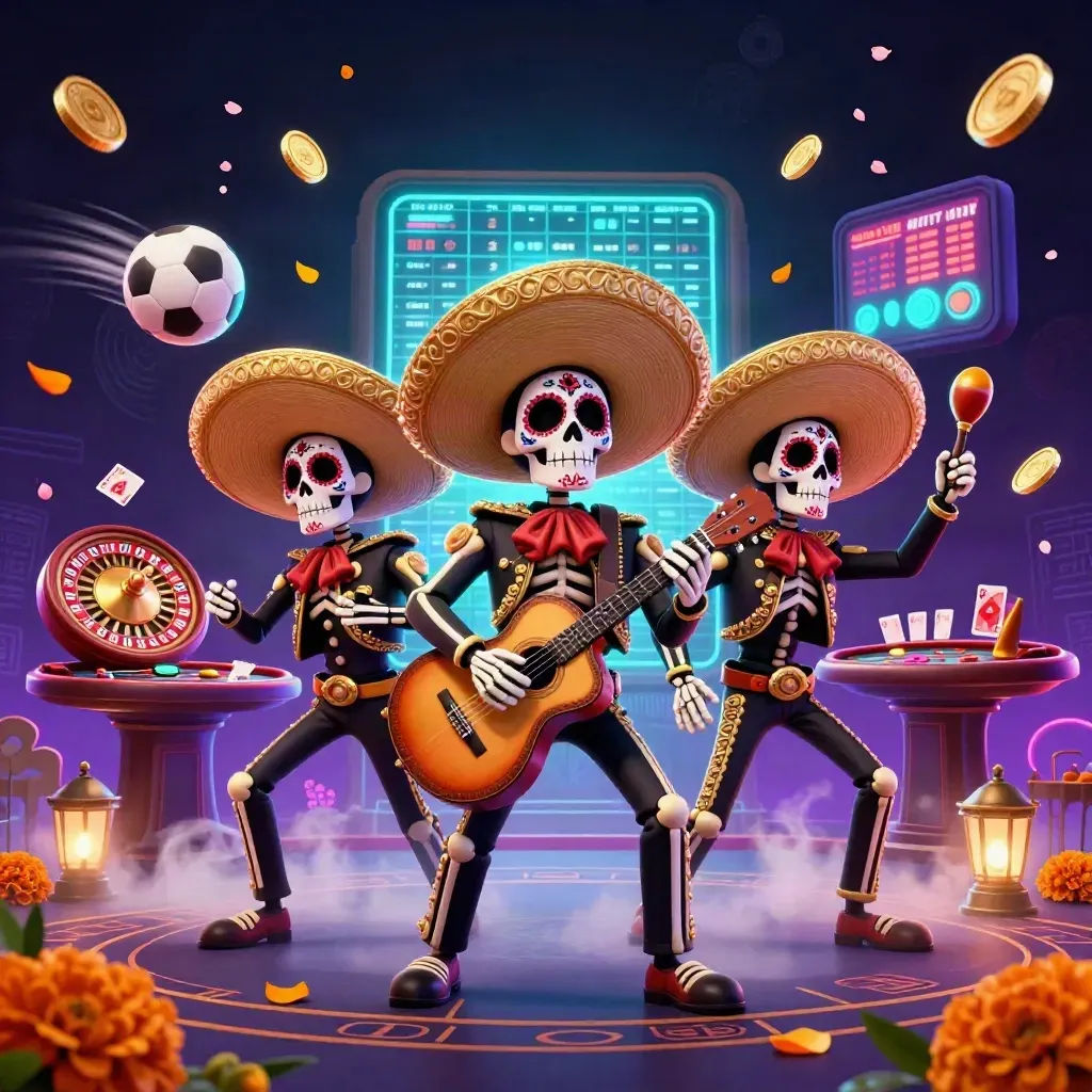 Three skeleton mariachi performers amid casino lights, flying sports balls, coins, and a spinning roulette wheel.