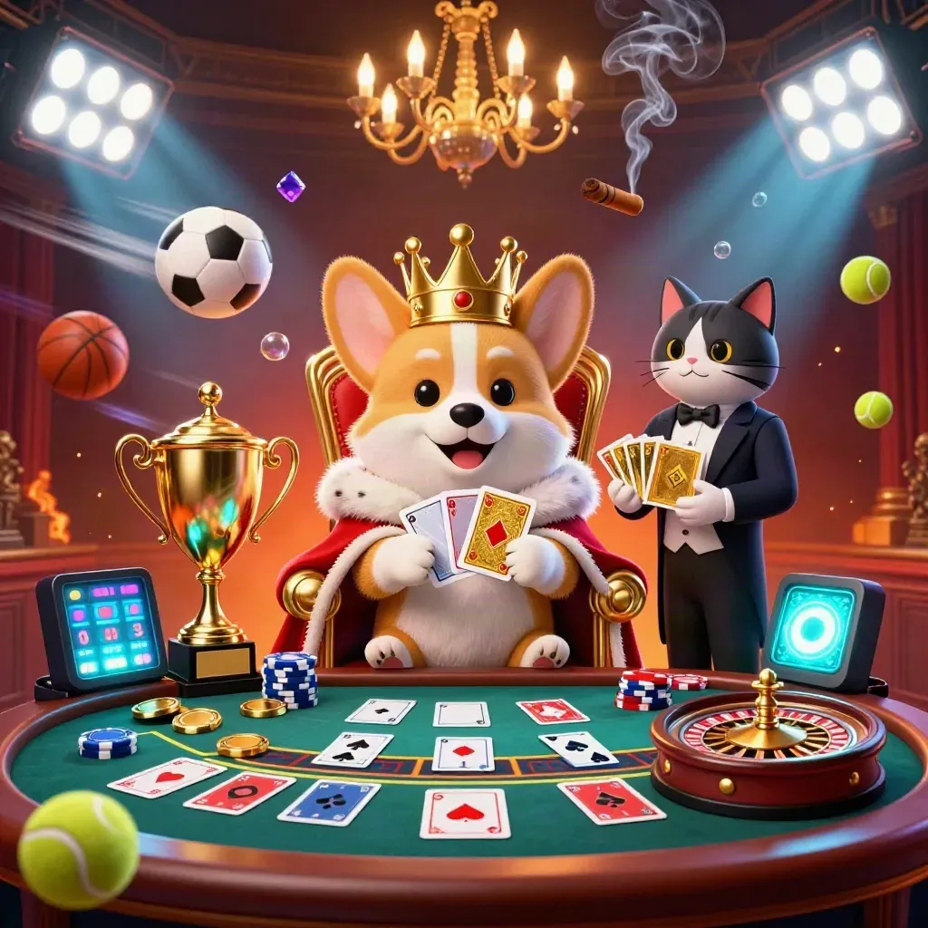 Crowned corgi and cat butler in a glowing casino hall with coins, sports balls, and brass luxury.