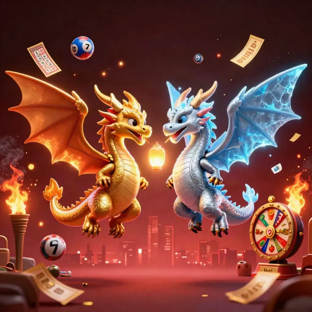 Gold and silver dragons spiral through fire and ice above bursting casino treasures and neon lights.