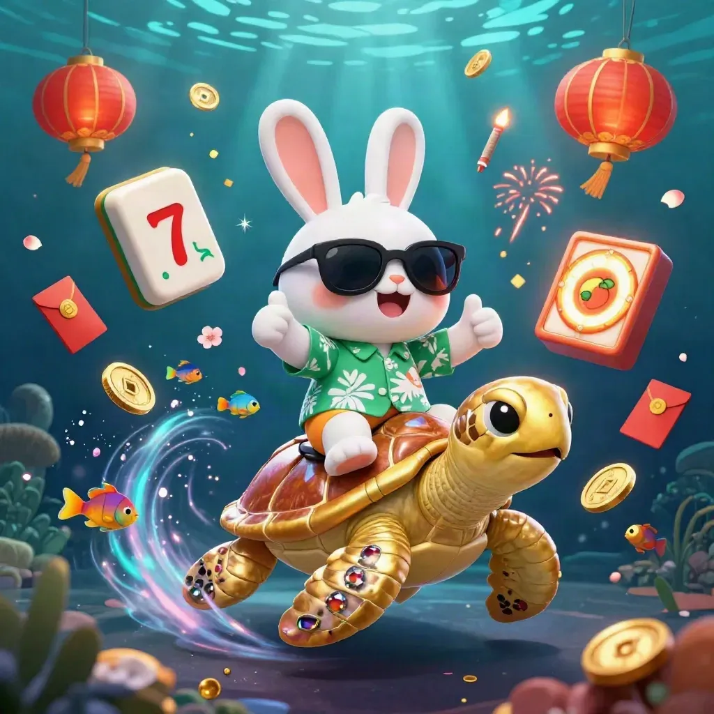 Lucky rabbit and sea turtle blast through neon treasure, lanterns, coins, fireworks, and sea sparkle.