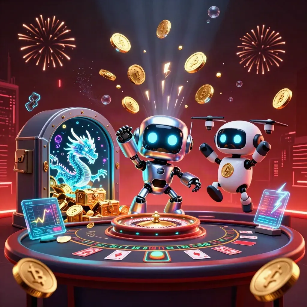 Cyberpunk robot, holographic dragon, and coin drone amid treasure, coins, fireworks, and casino tables