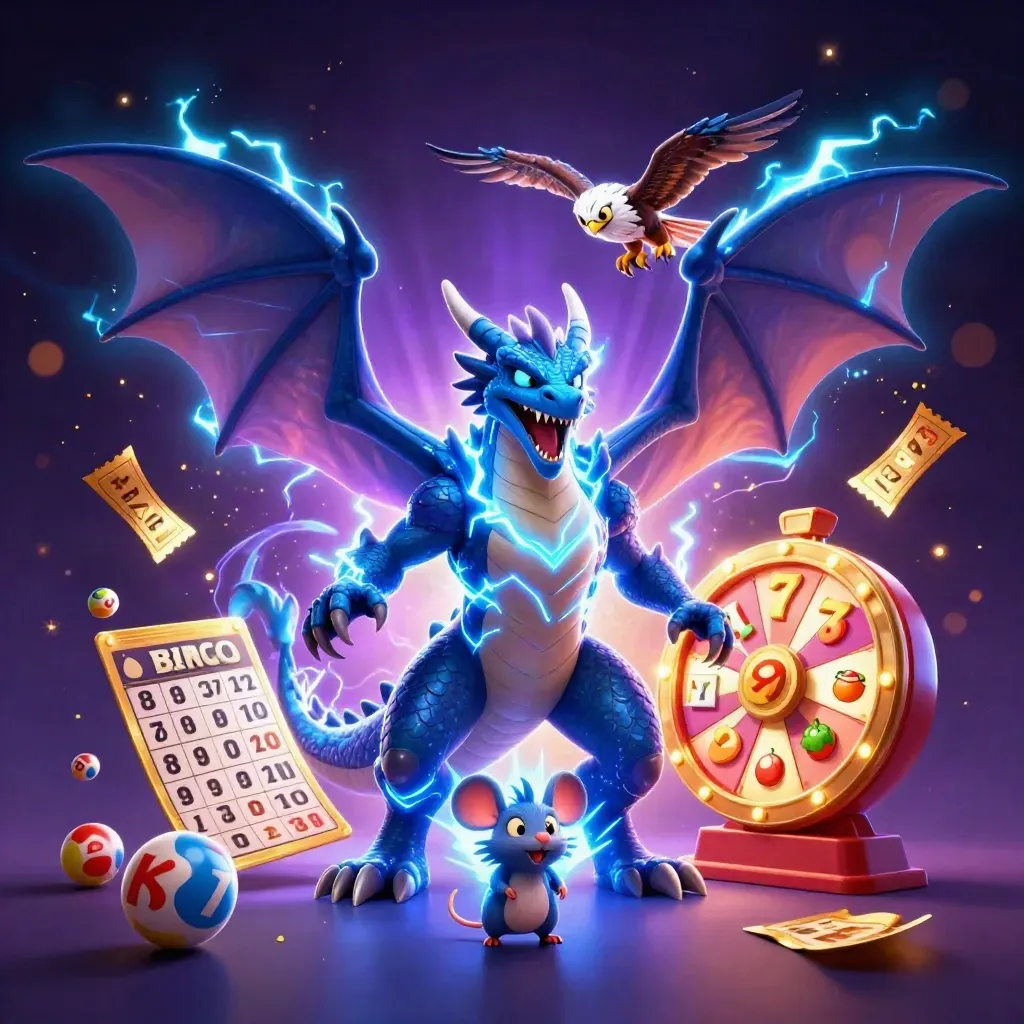Thunder dragon, wind hawk, and static mouse amid casino bursts, lightning, and glowing gold effects.