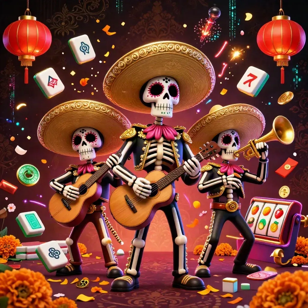 Three skeleton mariachi performers amid casino lights, coins, lanterns, and jackpot effects.