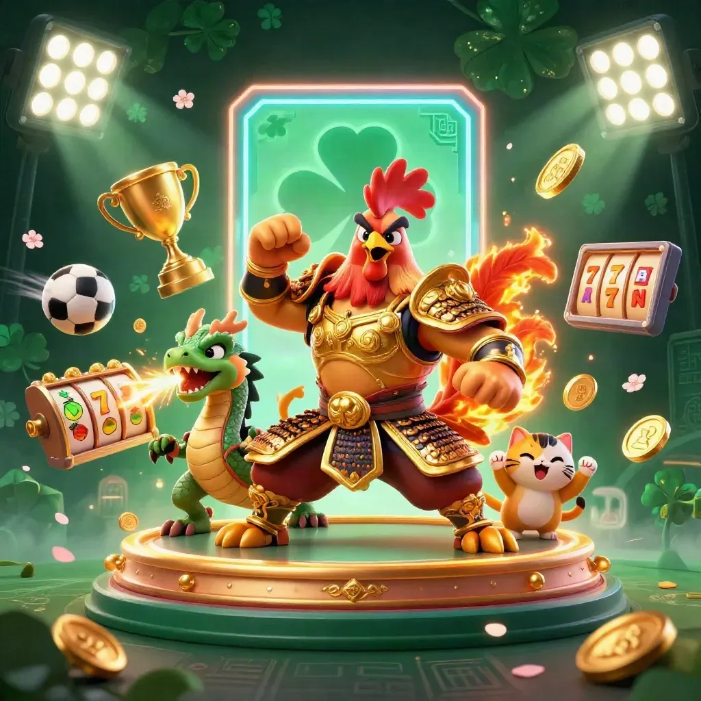 Rooster samurai, dragon hatchling, and fortune-cat amid casino symbols and glowing clovers.