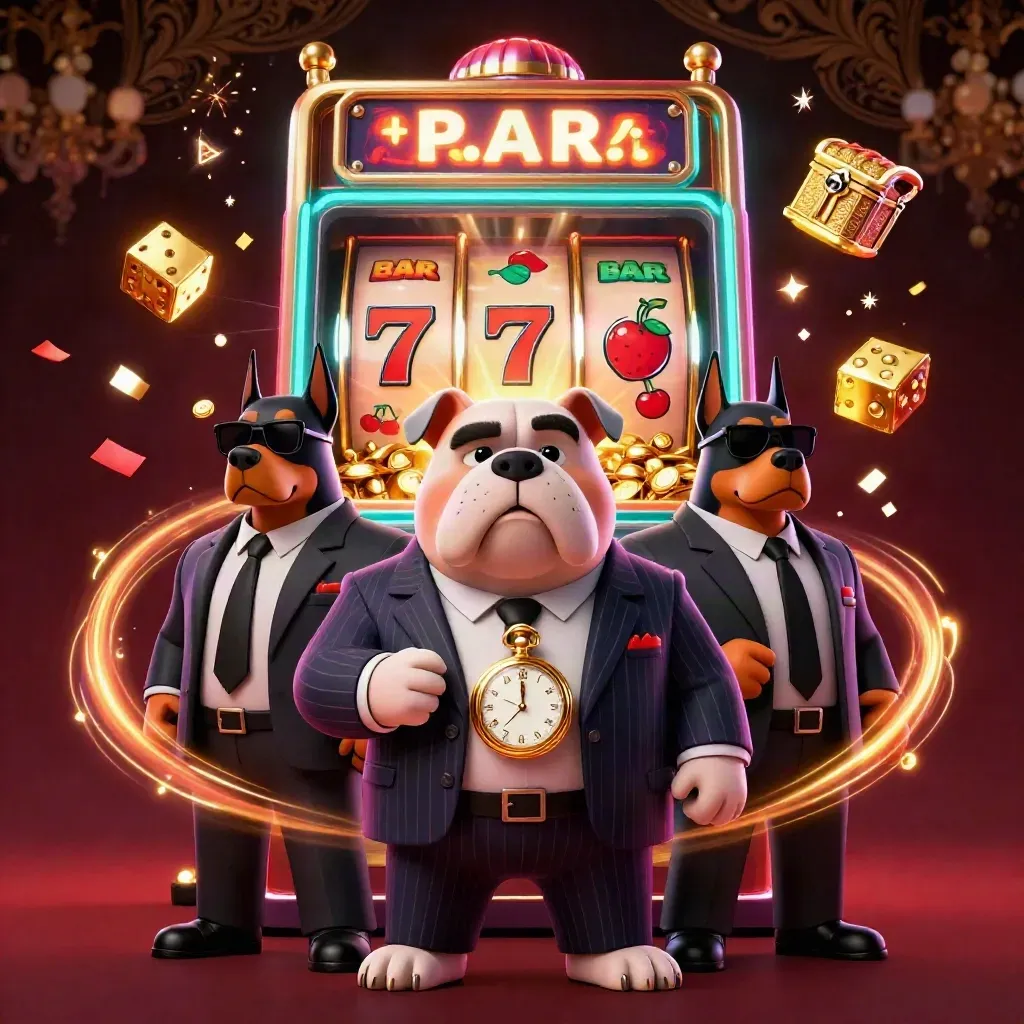 Mobster bulldog with two Dobermans amid exploding slots, gold, confetti, and neon casino glow.